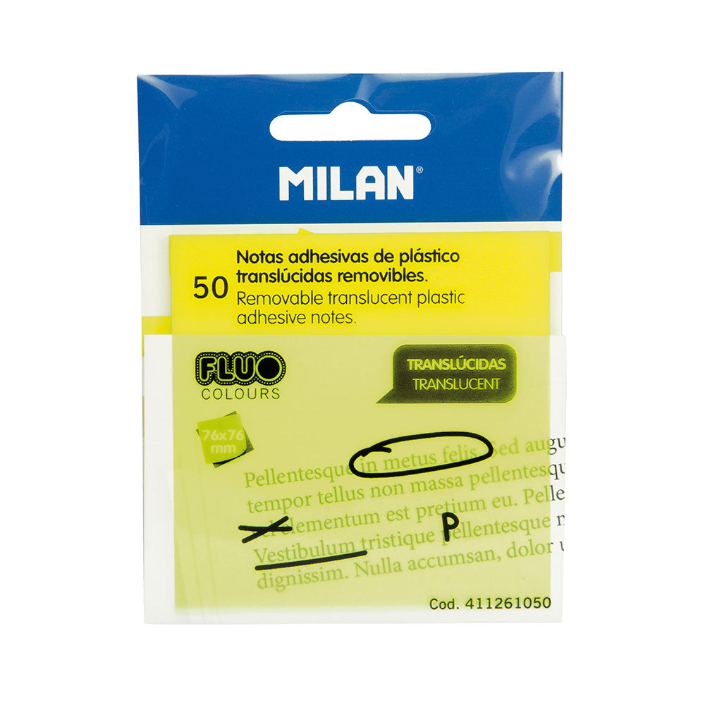 Bloco de 50 notas adesivas translúcidas amarelo fluo 76x76mm milan_0