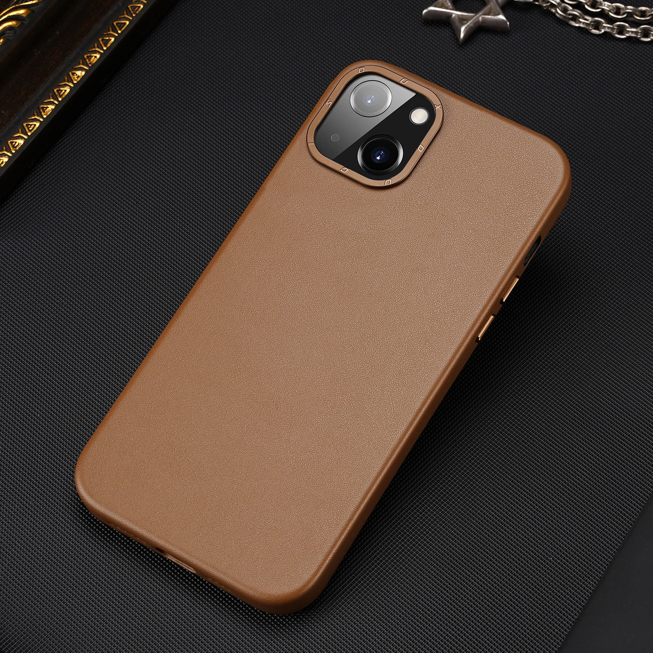 Dux Ducis Grit Leather Case for iPhone 14 Plus Elegant Faux Leather Cover (MagSafe Compatible) Brown_10