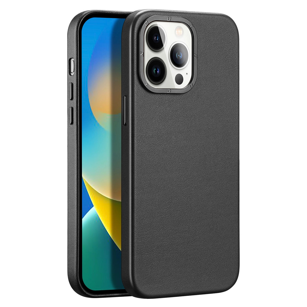 Dux Ducis Grit Leather Case for iPhone 14 Pro Elegant Faux Leather Cover (MagSafe Compatible) Black_0