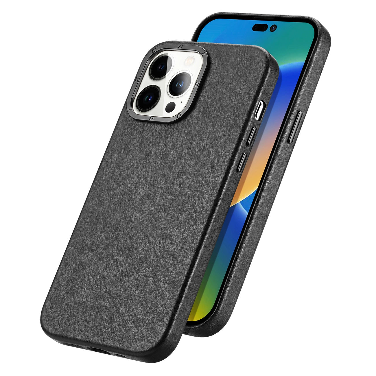 Dux Ducis Grit Leather Case for iPhone 14 Pro Elegant Faux Leather Cover (MagSafe Compatible) Black_1