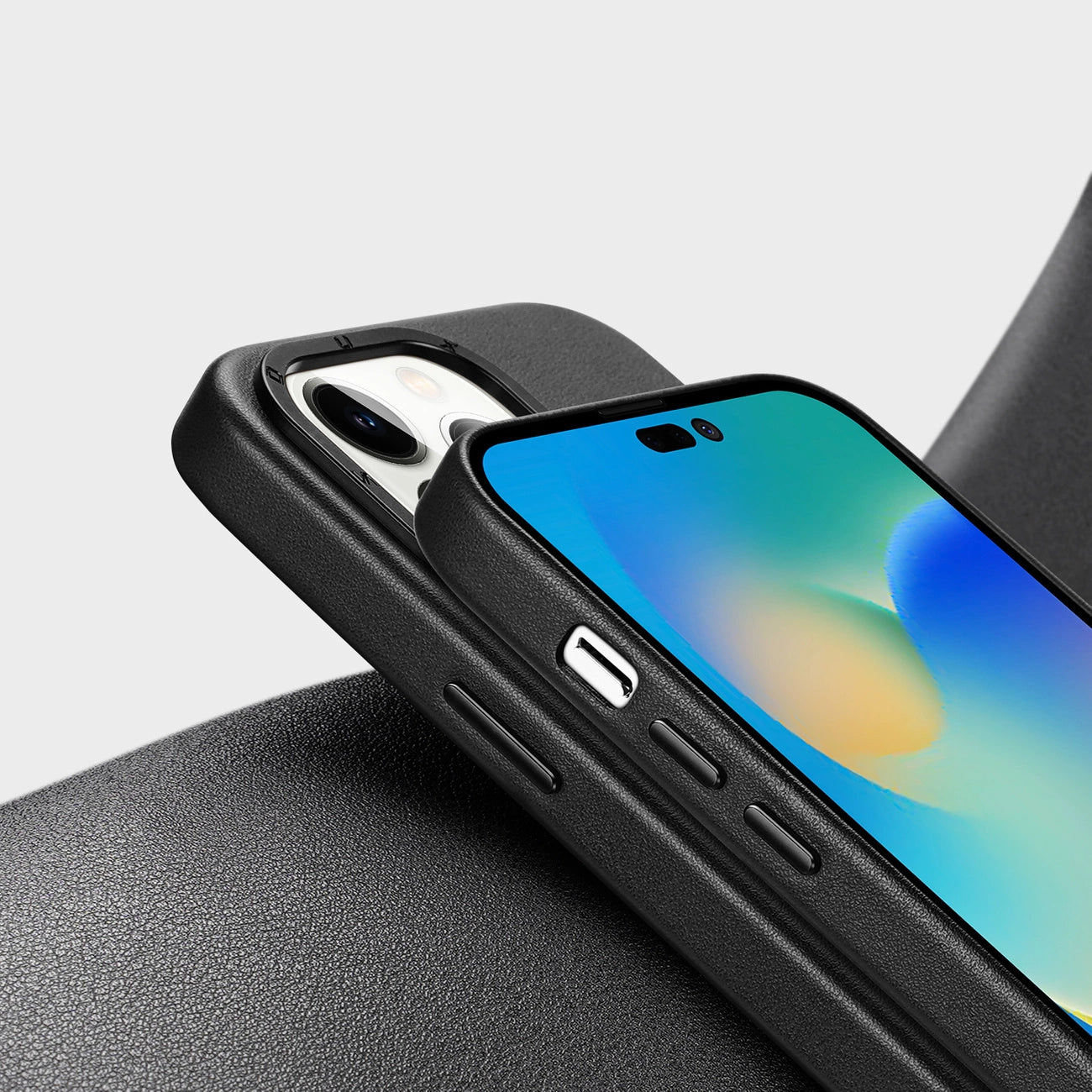 Dux Ducis Grit Leather Case for iPhone 14 Pro Elegant Faux Leather Cover (MagSafe Compatible) Black_8