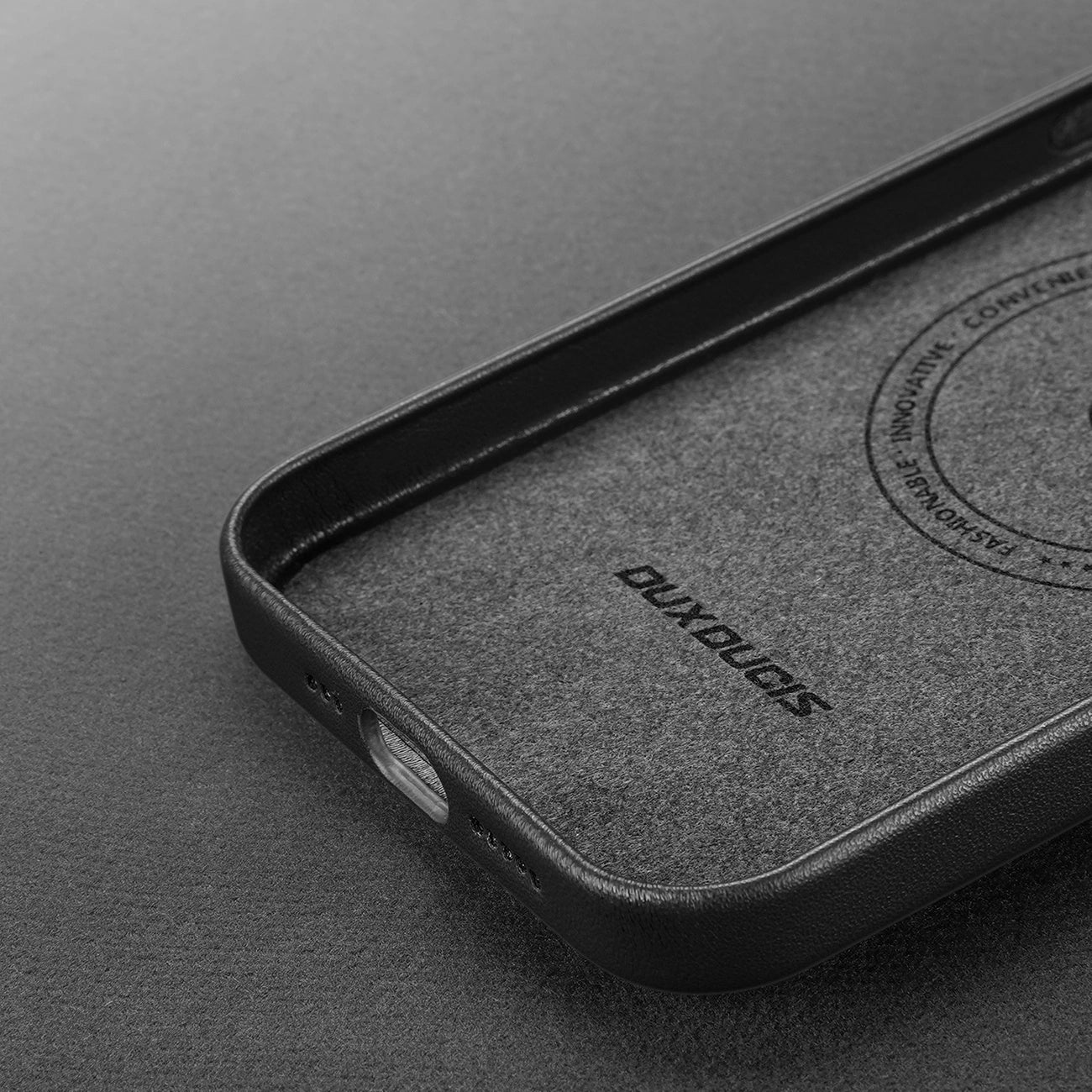 Dux Ducis Grit Leather Case for iPhone 14 Pro Elegant Faux Leather Cover (MagSafe Compatible) Black_9