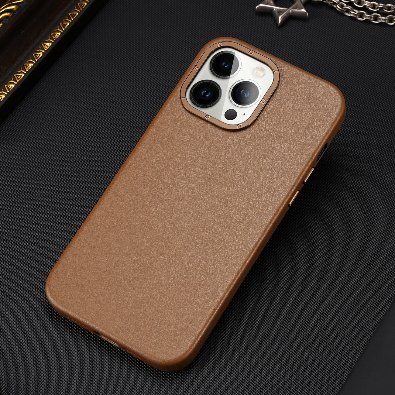 Dux Ducis Grit Leather Case for iPhone 14 Pro Max Elegant Faux Leather Cover (MagSafe Compatible) Brown_10