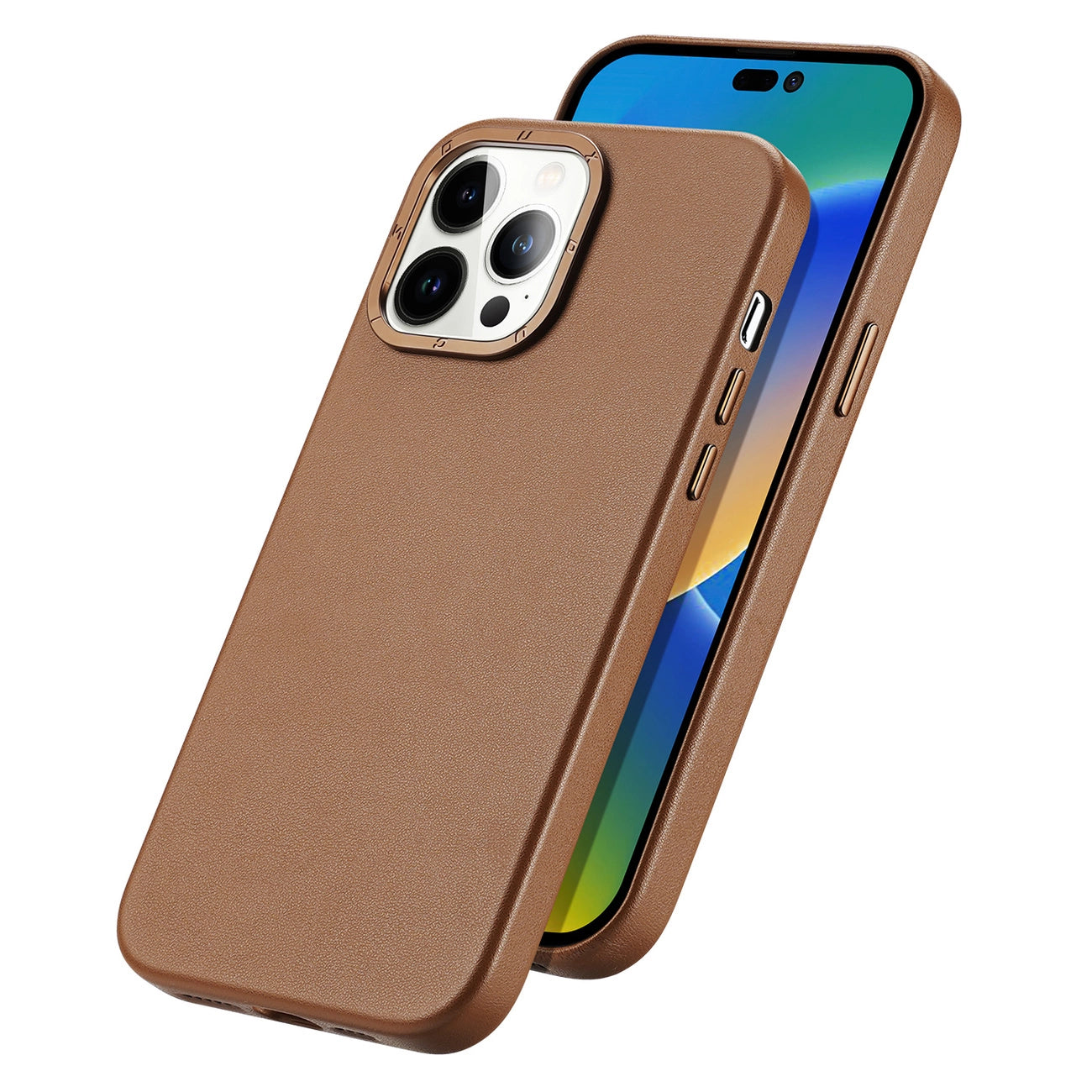 Dux Ducis Grit Leather Case for iPhone 14 Pro Max Elegant Faux Leather Cover (MagSafe Compatible) Brown_1