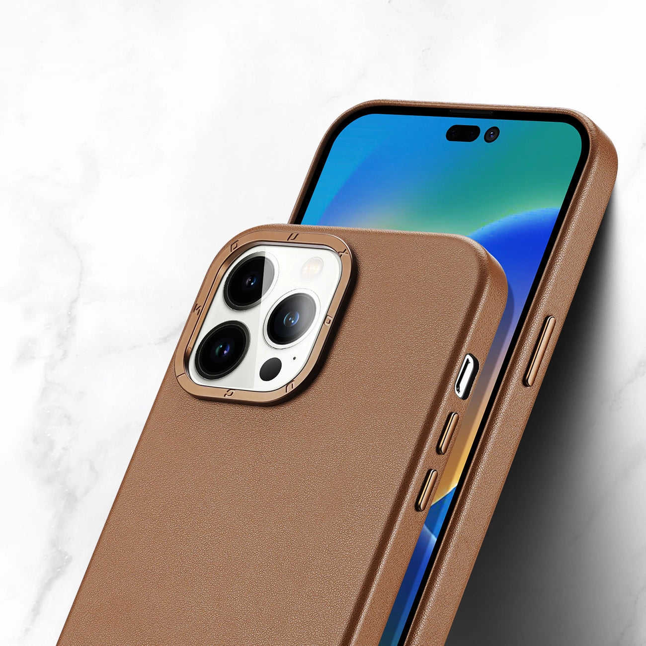 Dux Ducis Grit Leather Case for iPhone 14 Pro Max Elegant Faux Leather Cover (MagSafe Compatible) Brown_6