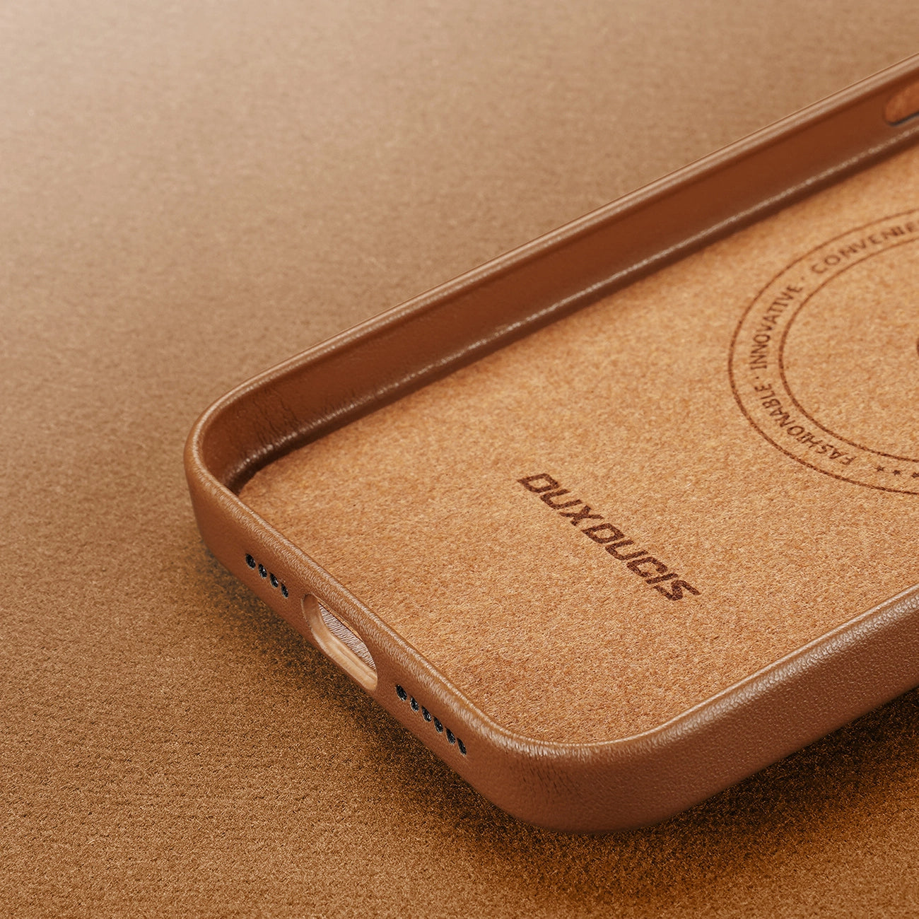 Dux Ducis Grit Leather Case for iPhone 14 Pro Max Elegant Faux Leather Cover (MagSafe Compatible) Brown_9