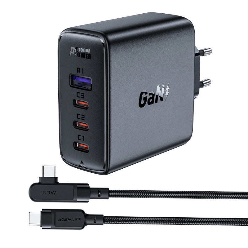 Acefast fast charger GaN 3xUSB-C/1xUSB-A 100W black + angled cable USB-C - USB-C 100W 2m black_0