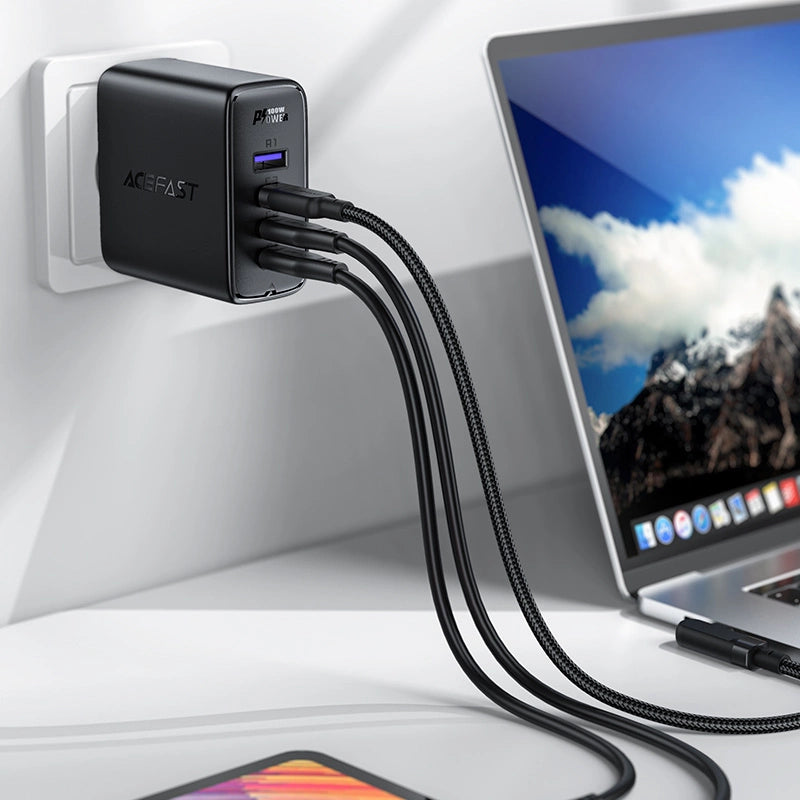 Acefast fast charger GaN 3xUSB-C/1xUSB-A 100W black + angled cable USB-C - USB-C 100W 2m black_3