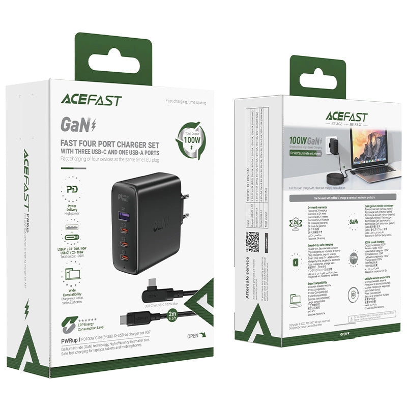 Acefast fast charger GaN 3xUSB-C/1xUSB-A 100W black + angled cable USB-C - USB-C 100W 2m black_5