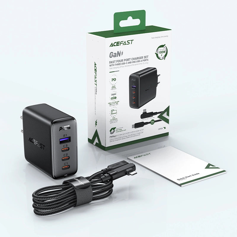 Acefast fast charger GaN 3xUSB-C/1xUSB-A 100W black + angled cable USB-C - USB-C 100W 2m black_6