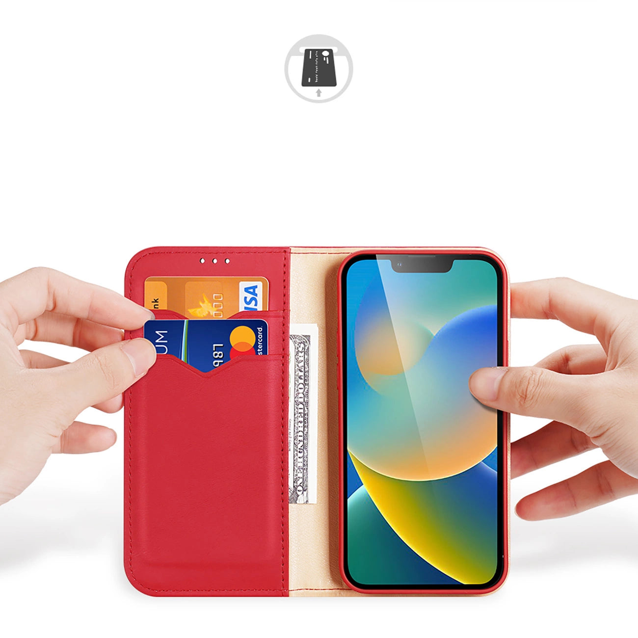 Dux Ducis Hivo Leather Flip Cover Genuine Leather Wallet for Cards and Documents iPhone 14 Plus Red_1
