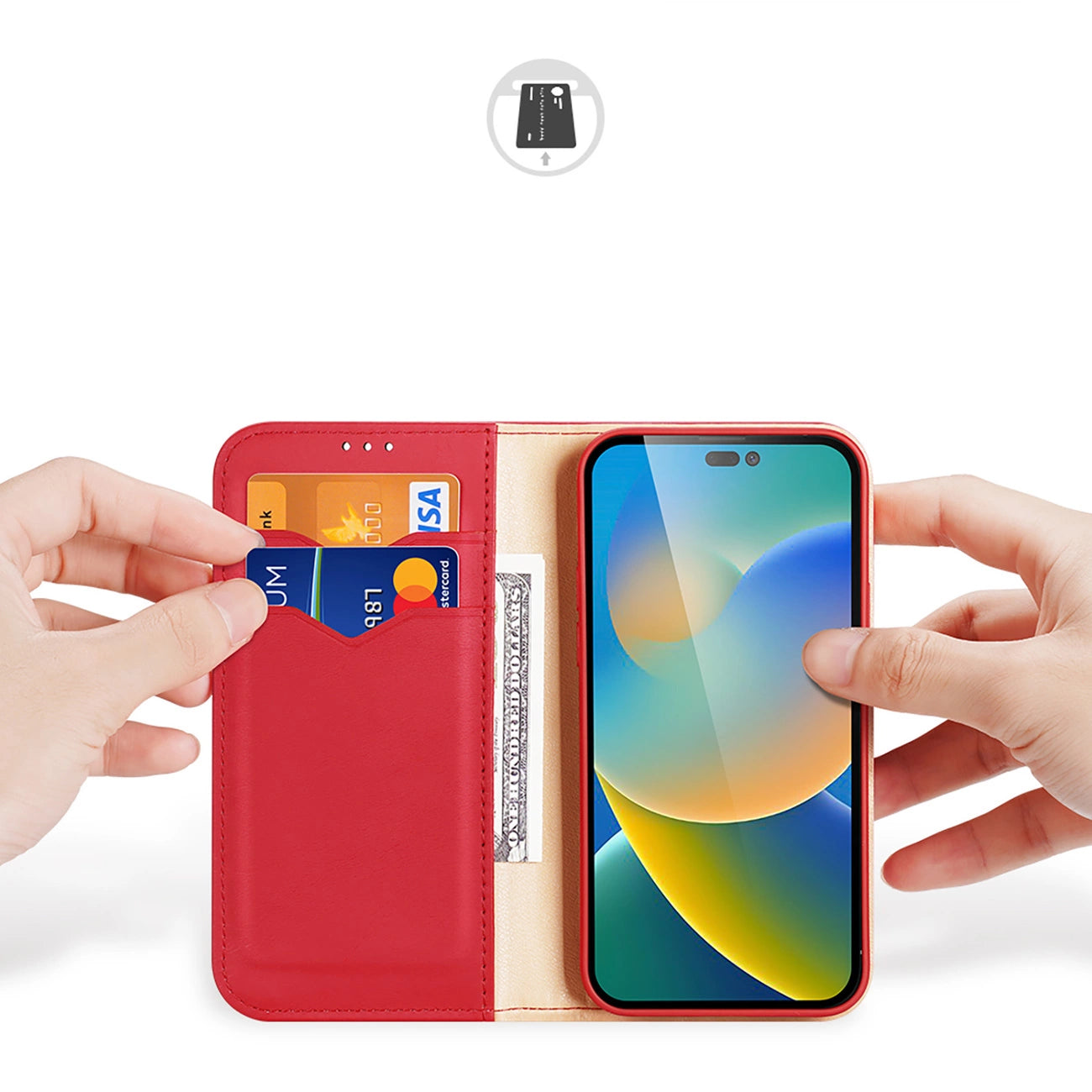 Dux Ducis Hivo Leather Flip Cover Genuine Leather Wallet for Cards and Documents iPhone 14 Pro Max Red_1
