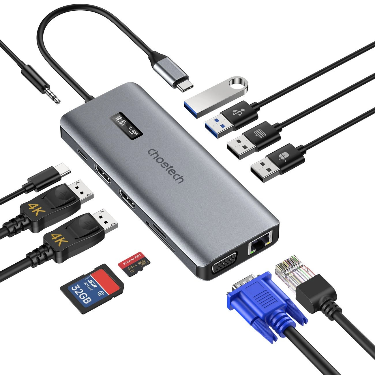 Choetech multifunctional HUB with display 12in1 USB-C to USB-C / USB-A / HDMI / VGA / AUX / SD / TF gray (HUB-M26)_2