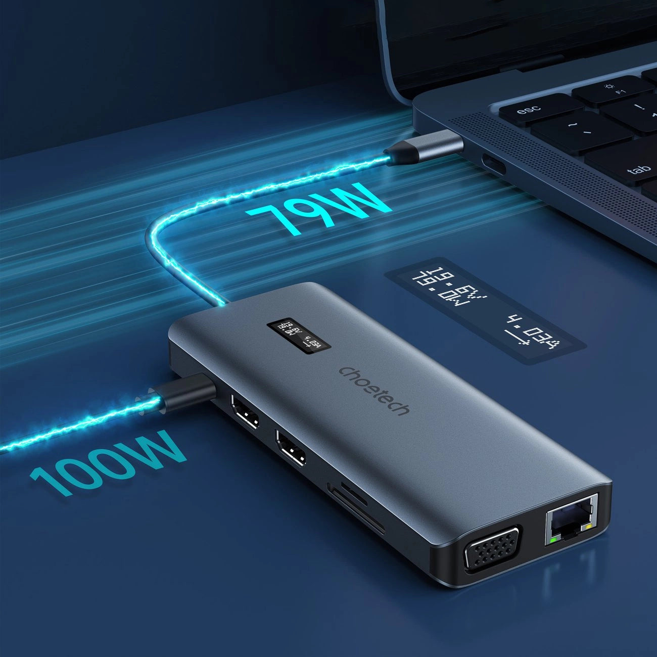 Choetech multifunctional HUB with display 12in1 USB-C to USB-C / USB-A / HDMI / VGA / AUX / SD / TF gray (HUB-M26)_3