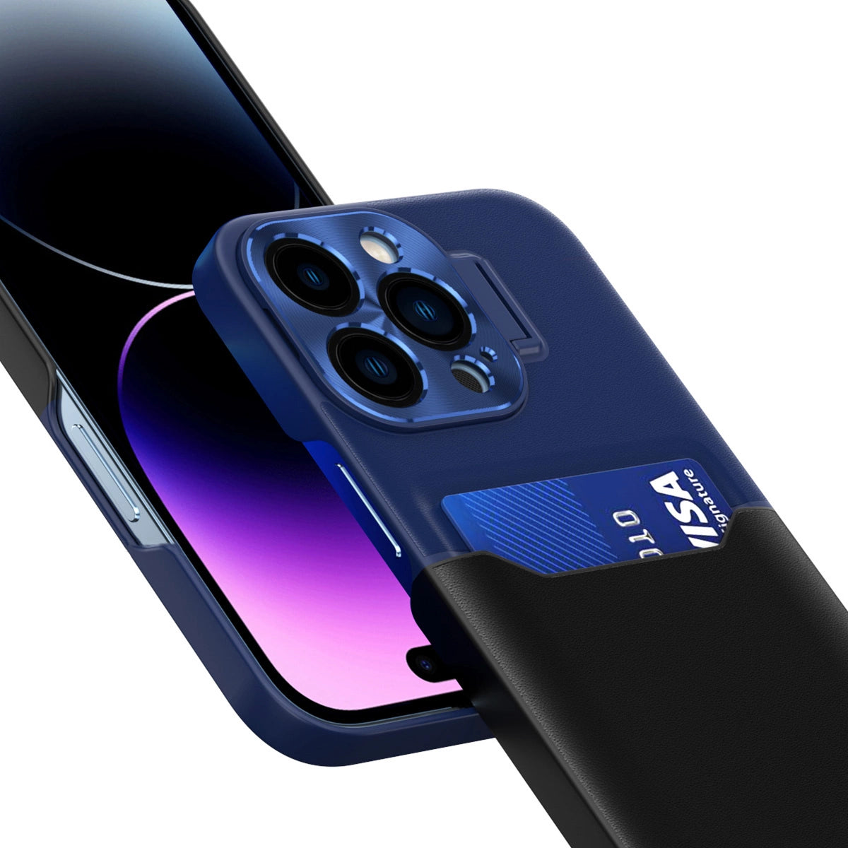 Leather Stand Case for iPhone 14 cover card wallet with stand blue_4
