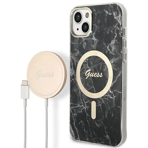 Set Guess GUBPP14SHMEACSK Case+ Charger iPhone 14 6.1" black/black hard case Marble MagSafe_0