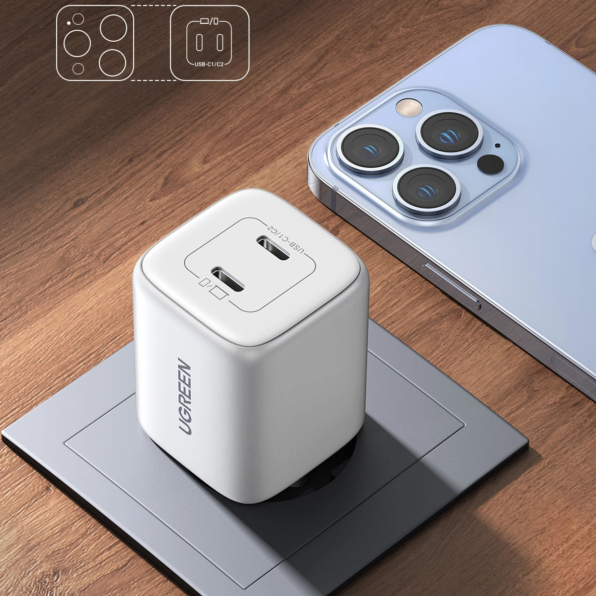 GaN Fast Charger 2 x USB-C 45W QC PD Ugreen CD294 - White_8
