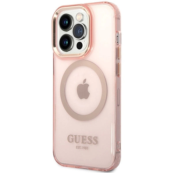 Guess GUHMP14XHTCMP iPhone 14 Pro Max 6.7" pink/pink hard case Gold Outline Translucent MagSafe_1