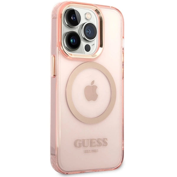 Guess GUHMP14XHTCMP iPhone 14 Pro Max 6.7" pink/pink hard case Gold Outline Translucent MagSafe_3