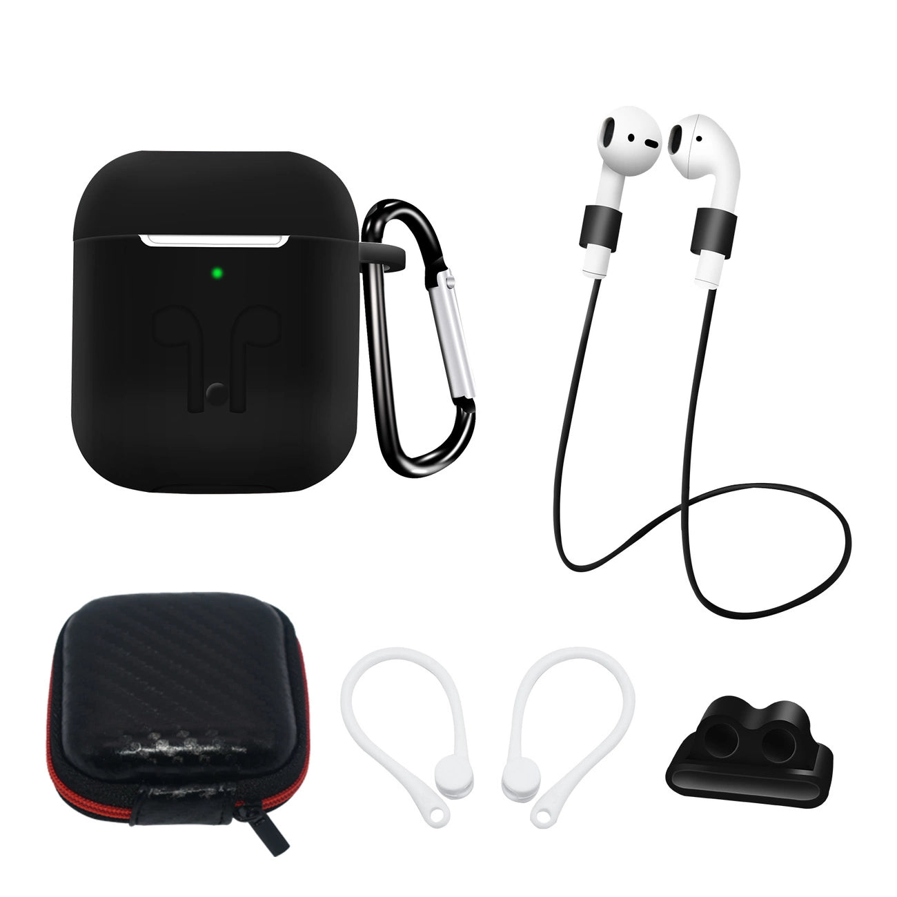 Silicone Case Set for AirPods 2 / AirPods 1 + Case / Ear Hook / Neck Strap / Watch Strap Holder / Carabiner - black_0