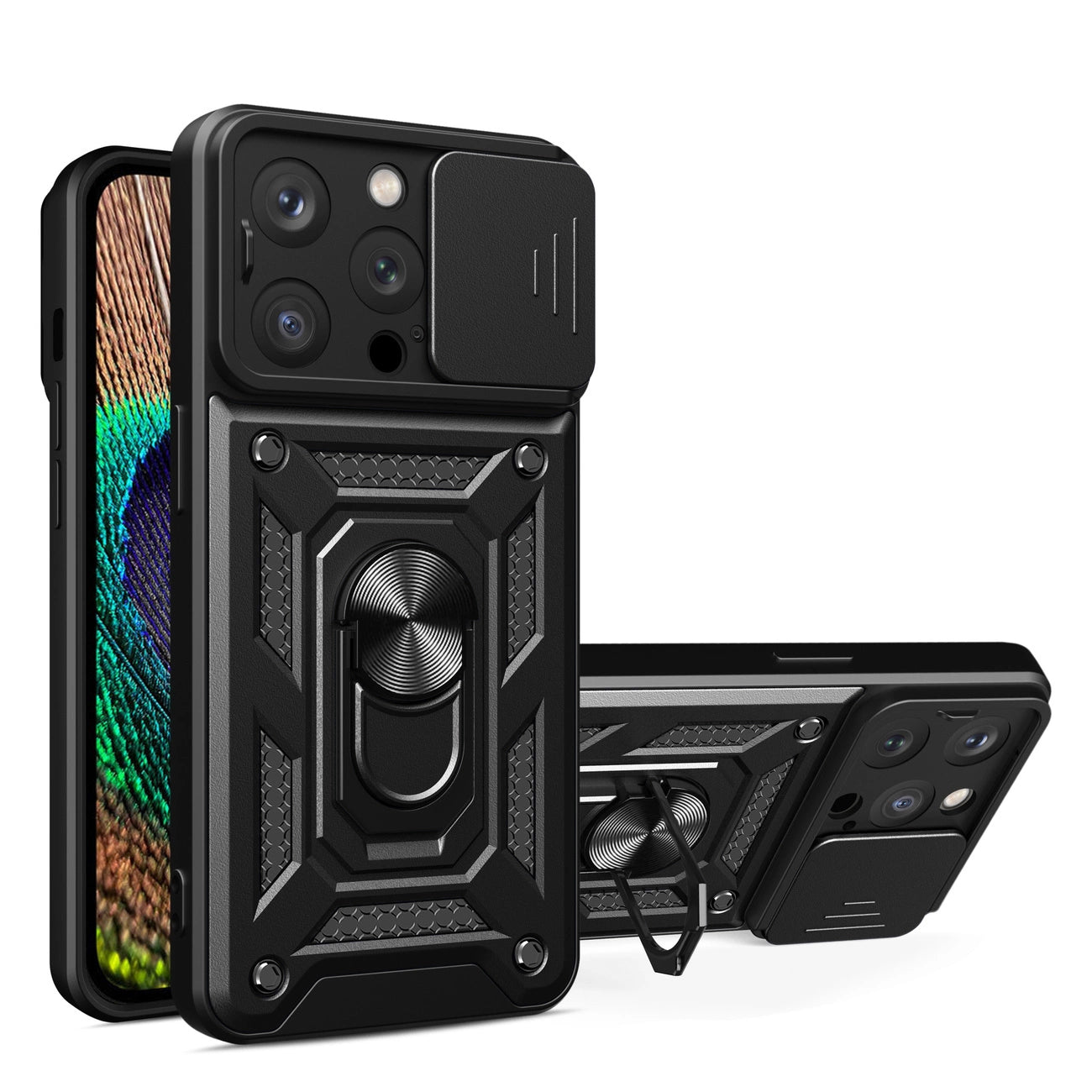 Armor Camshield Case with Stand and Camera Cover for iPhone 15 Pro Max Hybrid Armor Camshield - Black_0