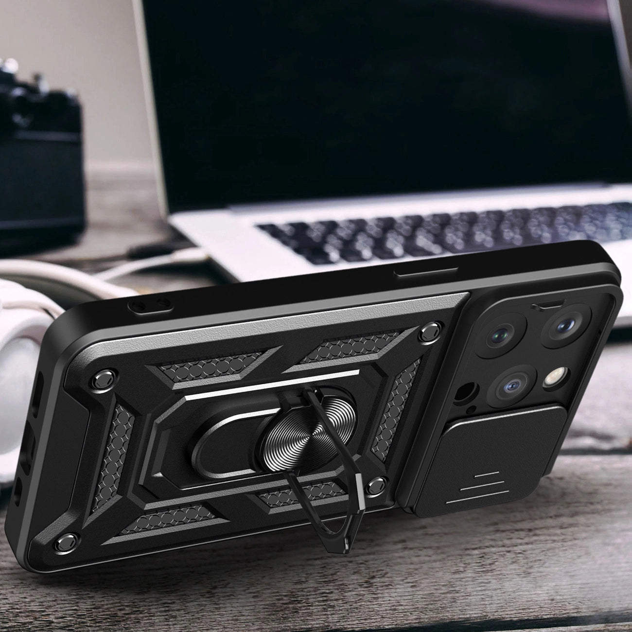 Armor Camshield Case with Stand and Camera Cover for iPhone 15 Pro Max Hybrid Armor Camshield - Black_3