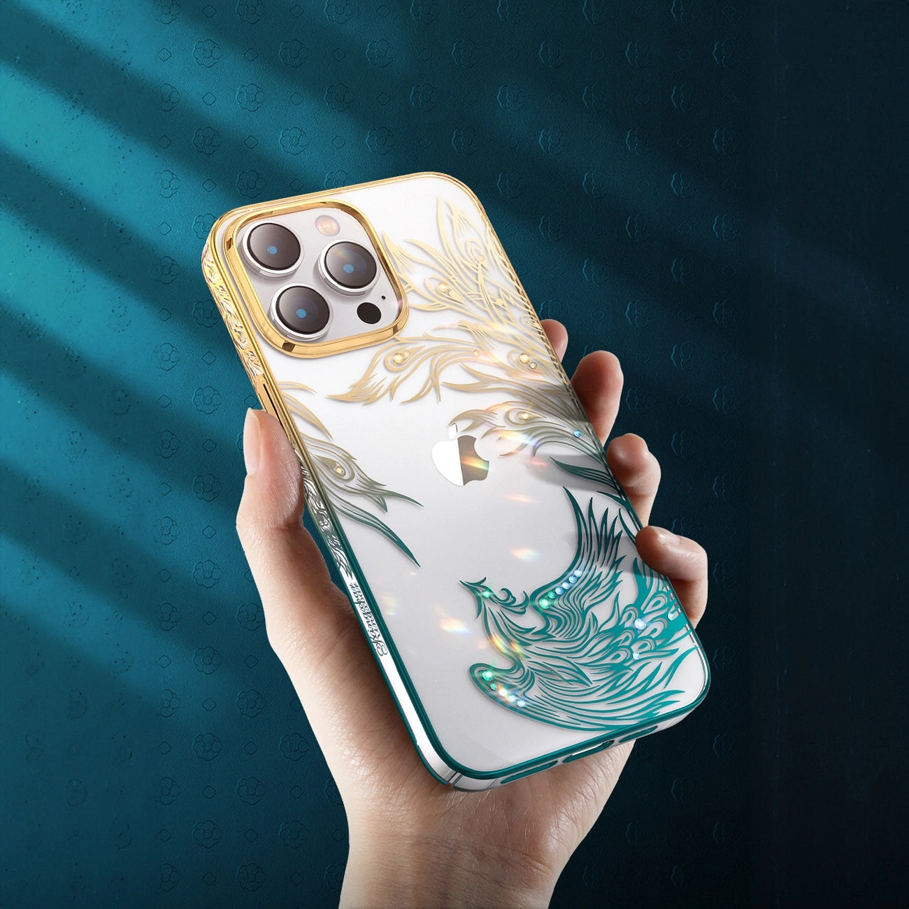 Luxury iPhone 14 Plus Case with Kingxbar Phoenix Crystals - Gold and Blue_2