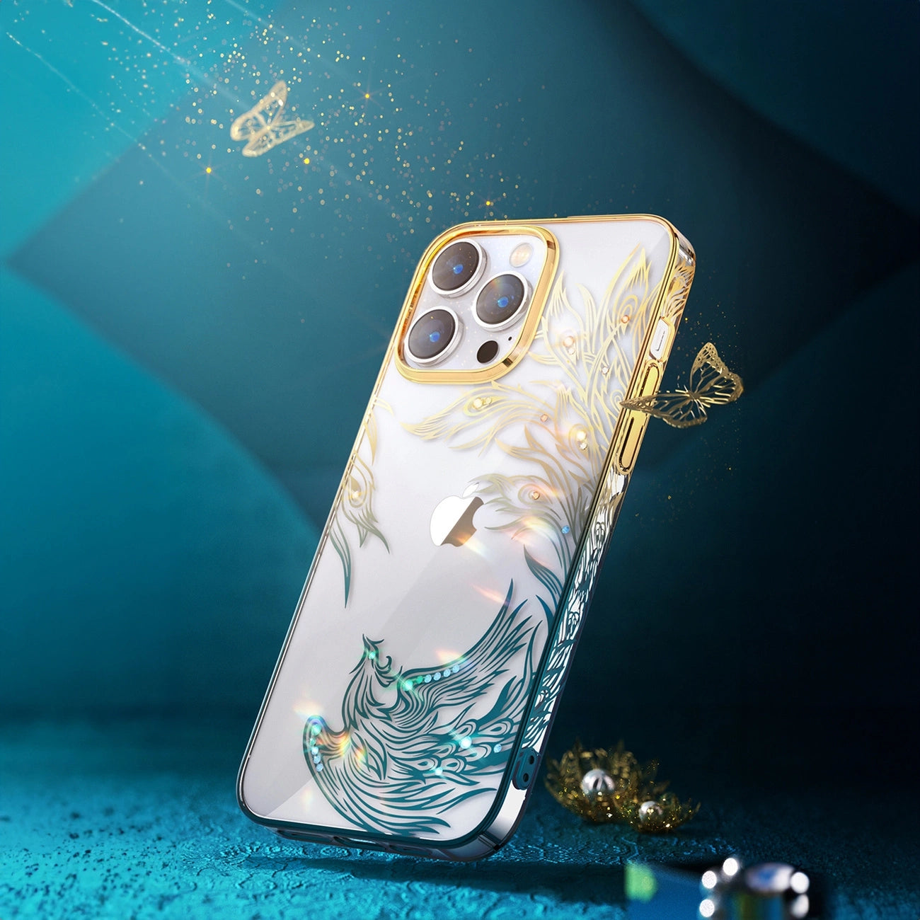 Luxury iPhone 14 Plus Case with Kingxbar Phoenix Crystals - Gold and Blue_3