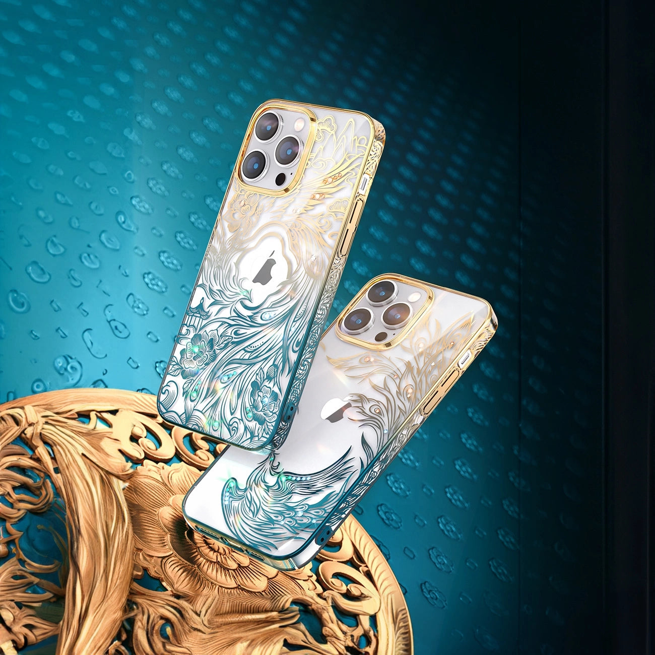 Luxury iPhone 14 Plus Case with Kingxbar Phoenix Crystals - Gold and Blue_4