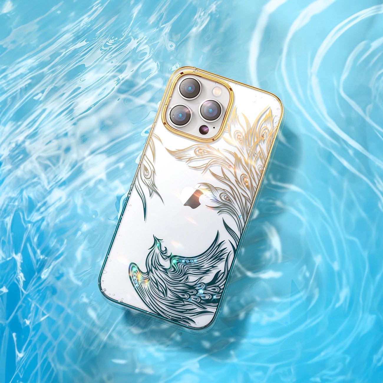 Luxury iPhone 14 Plus Case with Kingxbar Phoenix Crystals - Gold and Blue_1