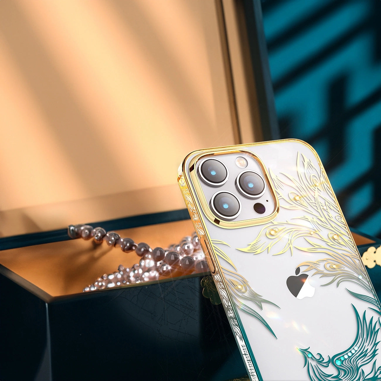 Luxury iPhone 14 Plus Case with Kingxbar Phoenix Crystals - Gold and Blue_6
