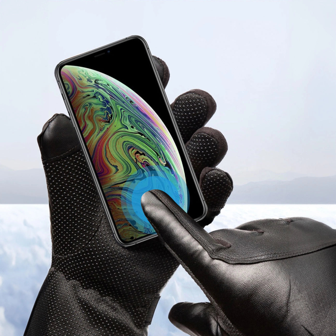 Men's insulated PU leather phone gloves - black_4