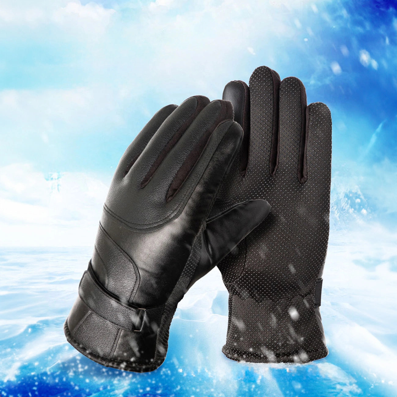Men's insulated PU leather phone gloves - black_5