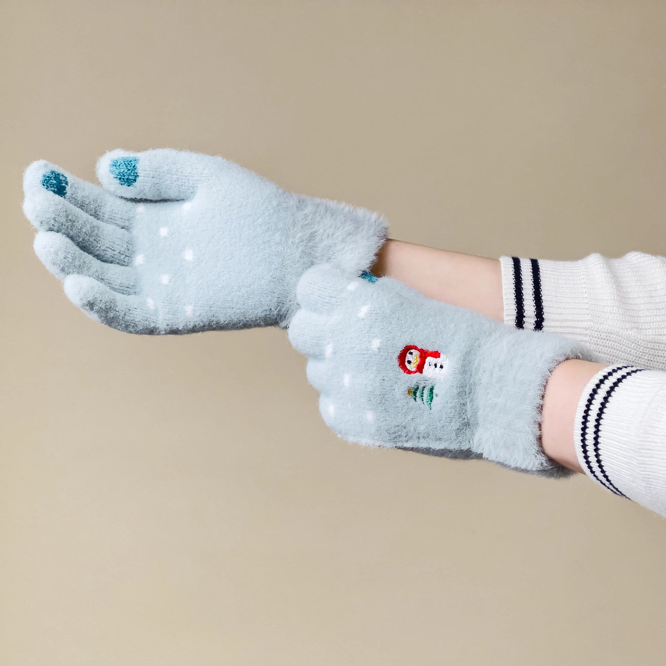 Women's winter telephone gloves with a snowman and a Christmas tree - green_3
