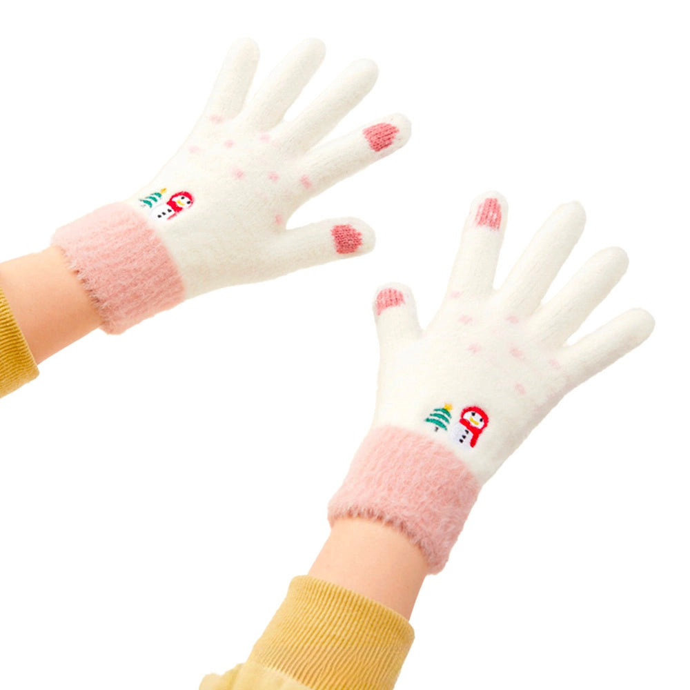 Women's winter telephone gloves with a snowman and a Christmas tree - white and pink_0