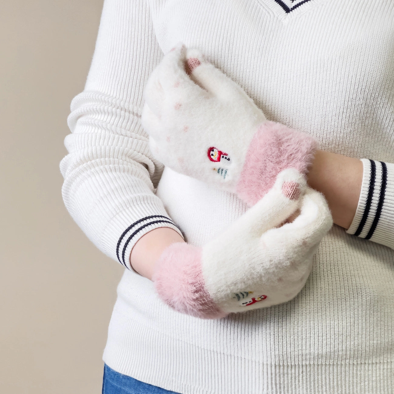 Women's winter telephone gloves with a snowman and a Christmas tree - white and pink_3