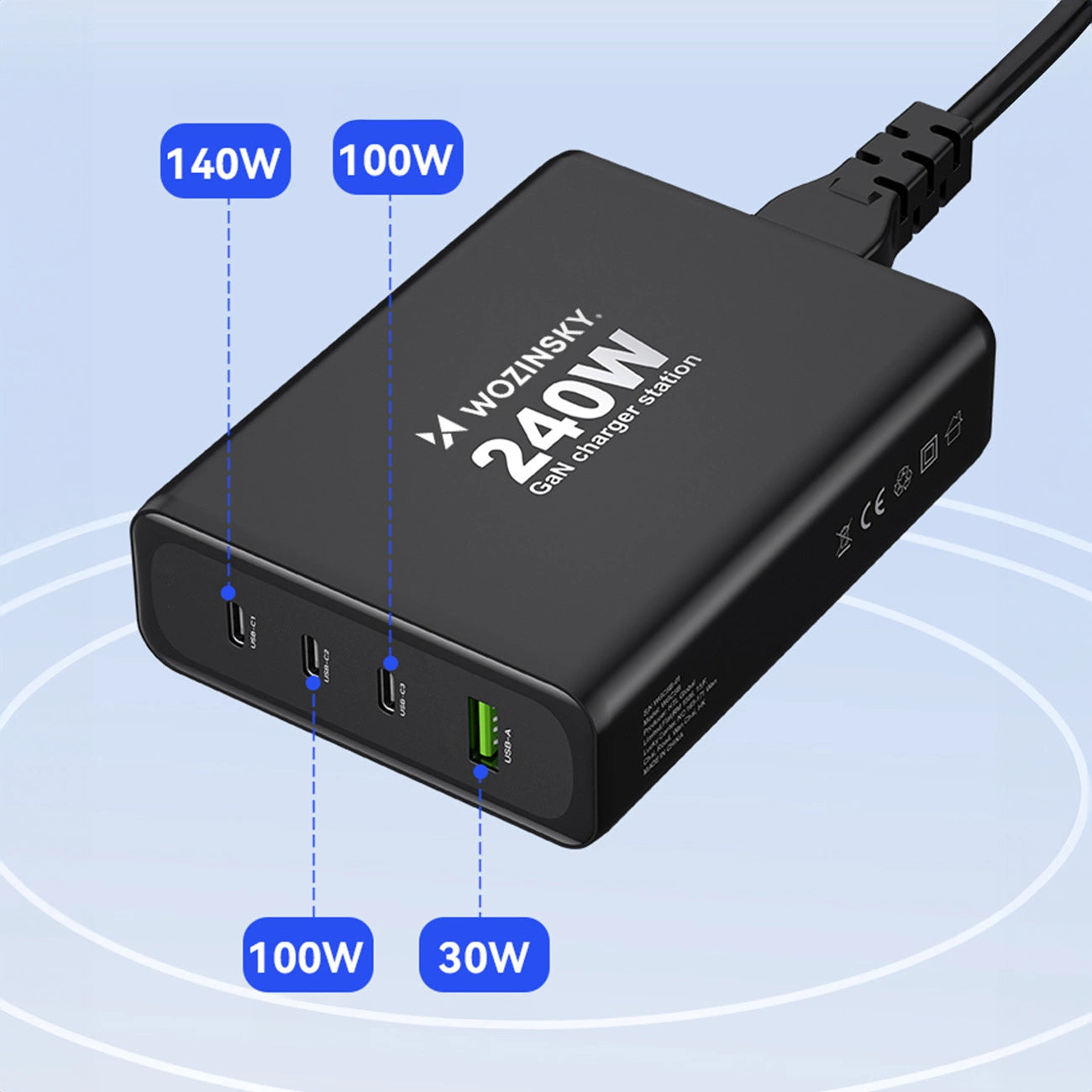 GaN Wozinsky WGCSB 240W USB-A / 3 x USB-C Wall Charger - Black_13