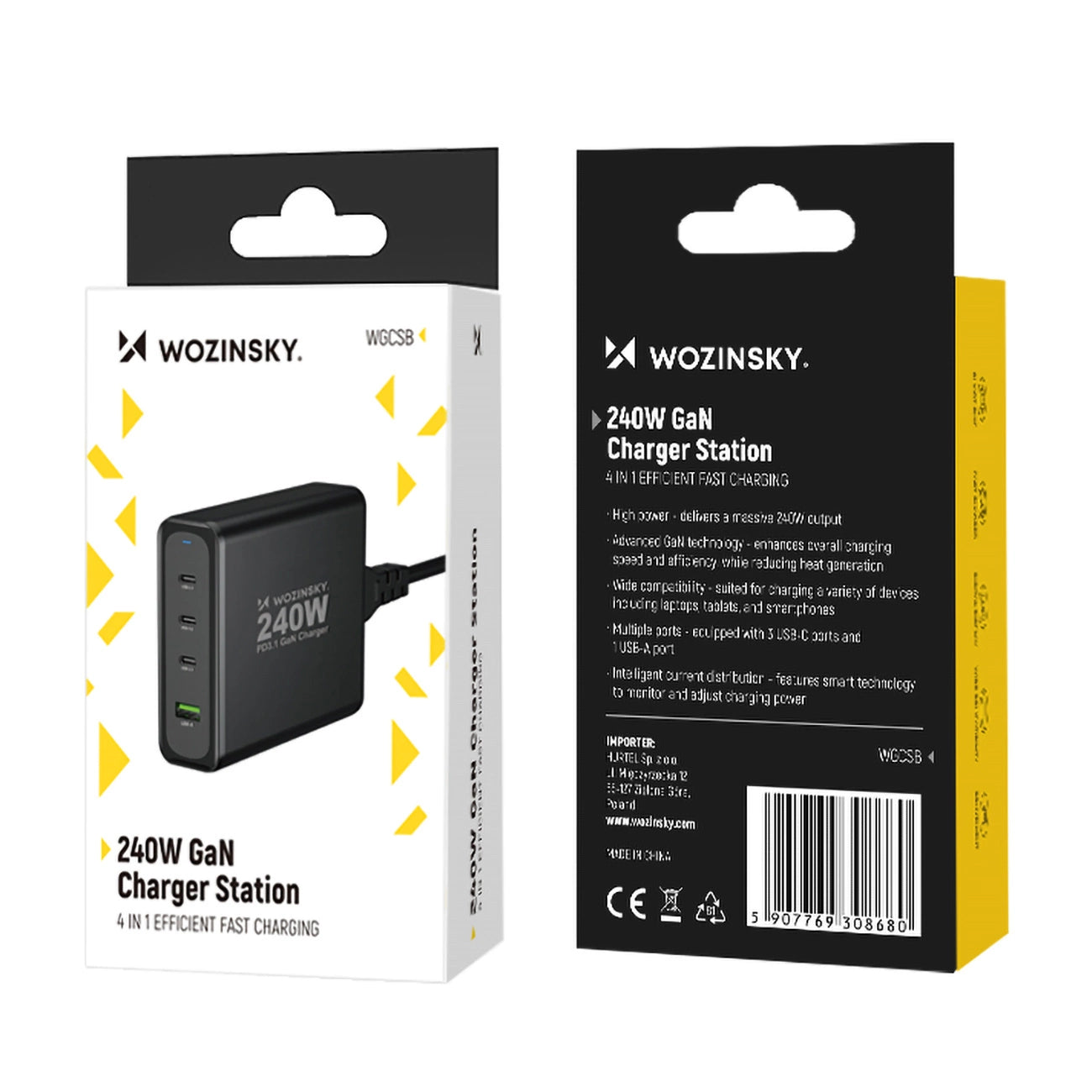 GaN Wozinsky WGCSB 240W USB-A / 3 x USB-C Wall Charger - Black_4
