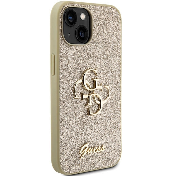 Guess Glitter Script Big 4G iPhone 15 Case - Gold_3