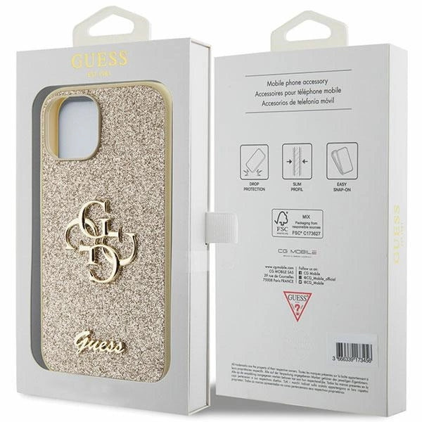 Guess Glitter Script Big 4G iPhone 15 Case - Gold_7