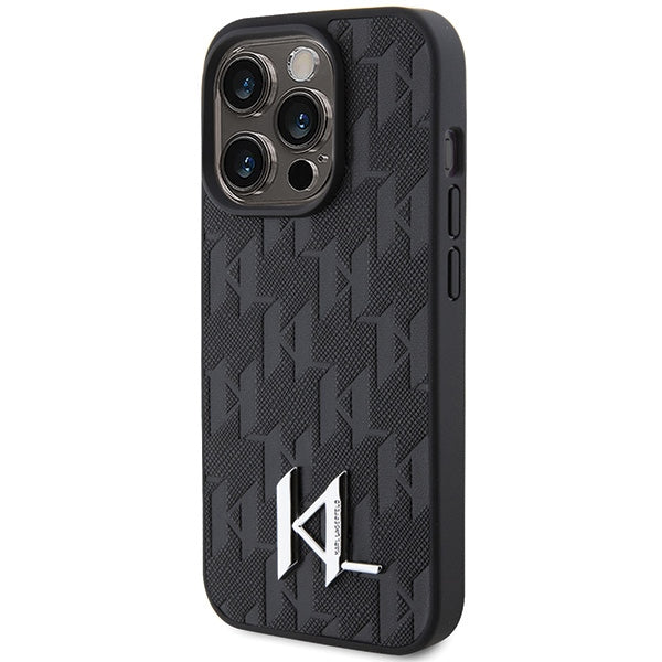 Karl Lagerfeld Leather Monogram Hot Stamp Metal Logo case for iPhone 15 Pro - black_1