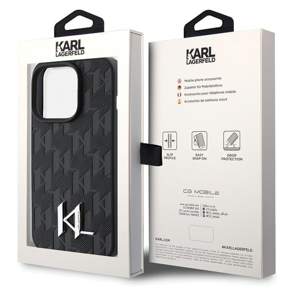Karl Lagerfeld Leather Monogram Hot Stamp Metal Logo case for iPhone 15 Pro - black_7