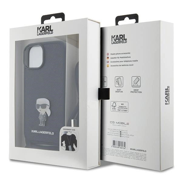 Karl Lagerfeld Crossbody Saffiano Monogram Metal Pin Karl & Choupette Case for iPhone 15 - Black_6
