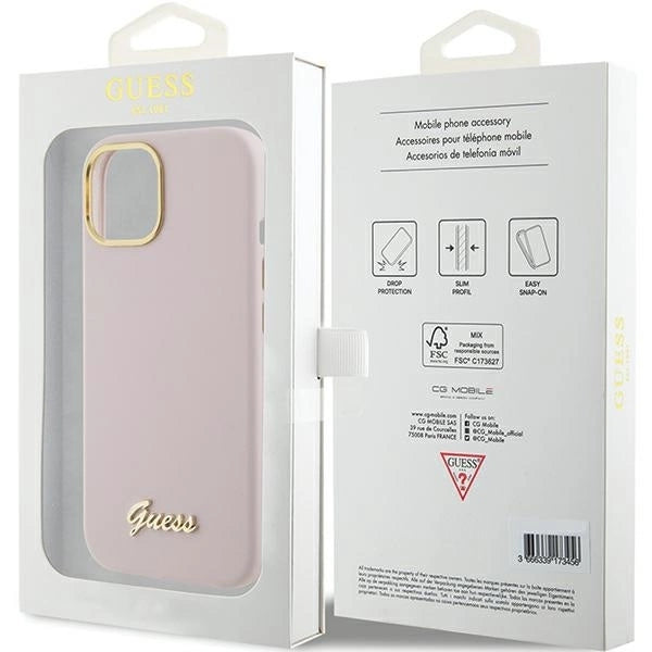 Guess Silicone Script Metal Logo & Frame case for iPhone 15 - pink_7