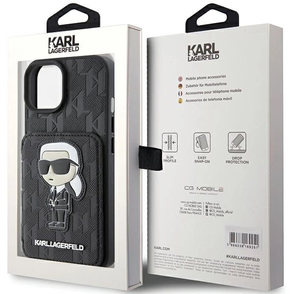 Karl Lagerfeld Saffiano Cardslots and Stand Monogram Ikonik Patch case for iPhone 15 - black_8