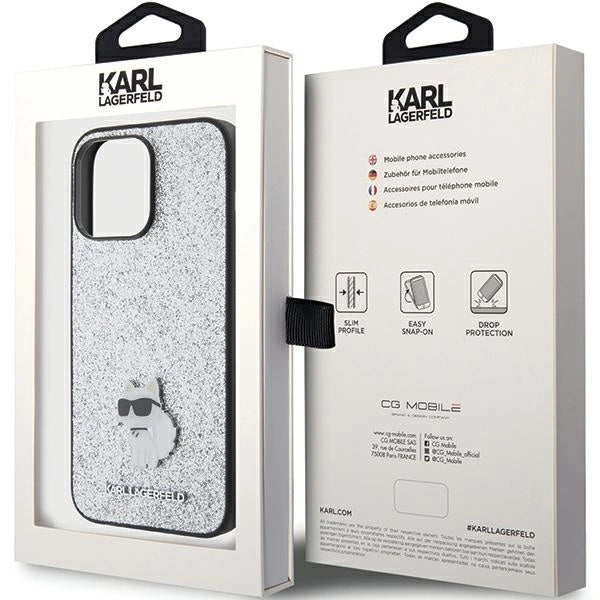 Karl Lagerfeld Fixed Glitter Choupette Logo Metal Pin Case for iPhone 15 Pro Max - Silver_7