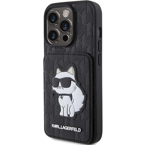 Karl Lagerfeld Saffiano Cardslots and Stand Monogram Choupette Case for iPhone 15 Pro Max - Black_1