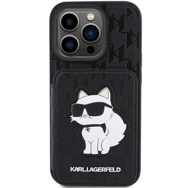 Karl Lagerfeld Saffiano Cardslots and Stand Monogram Choupette Case for iPhone 15 Pro Max - Black_2