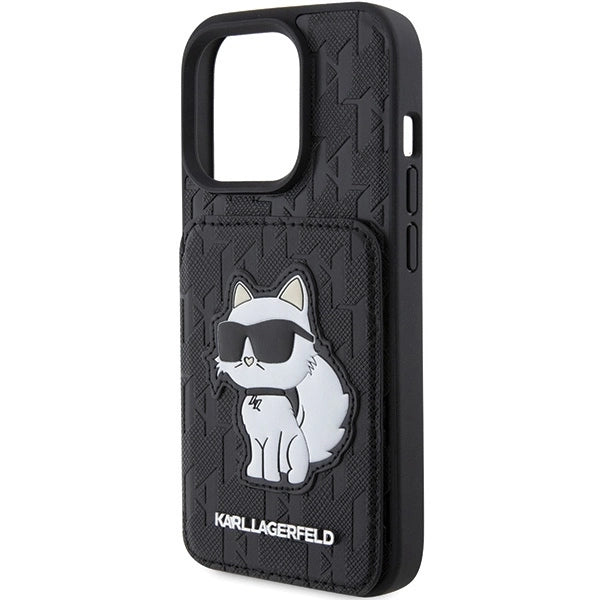 Karl Lagerfeld Saffiano Cardslots and Stand Monogram Choupette Case for iPhone 15 Pro Max - Black_5