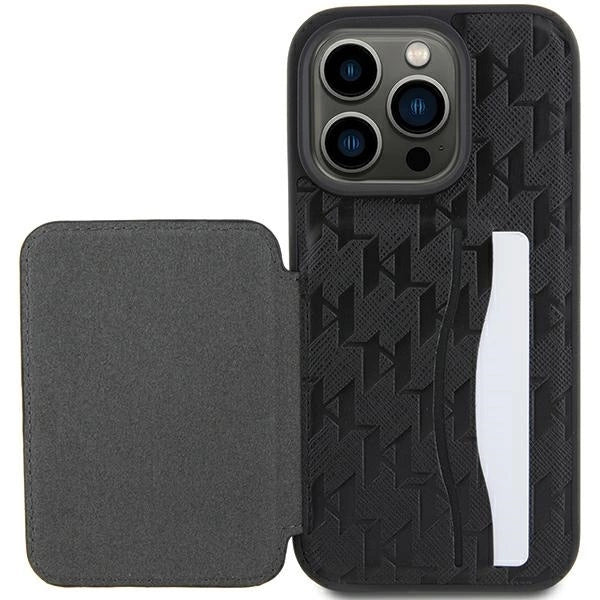 Karl Lagerfeld Saffiano Cardslots and Stand Monogram Choupette Case for iPhone 15 Pro Max - Black_7